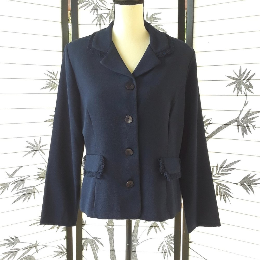 Vintage 1990s Crepe Navy Blue Eyelash Fringe Tailored Blazer Size 10
